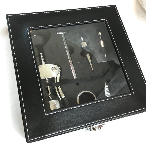Wine Bottle Opener Gift Box 6 Pc Leather Case Set NWOT - Picture 2 of 6